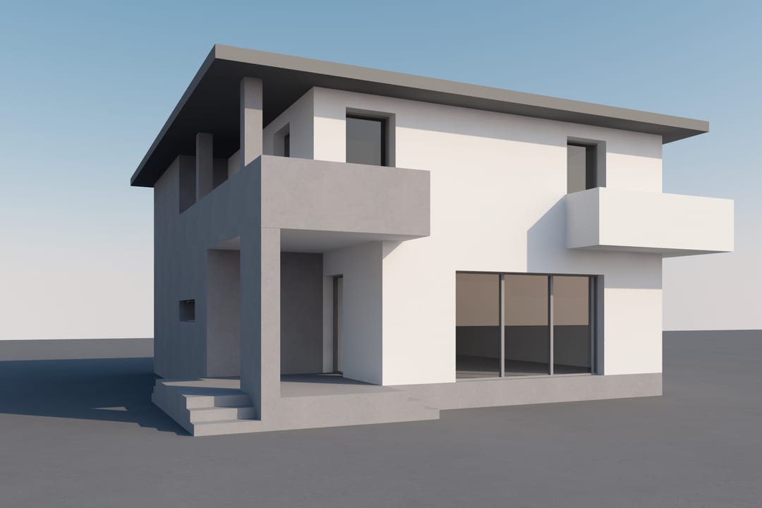 Casa Aeroport — perspectivă oblică cu streașină accentuată