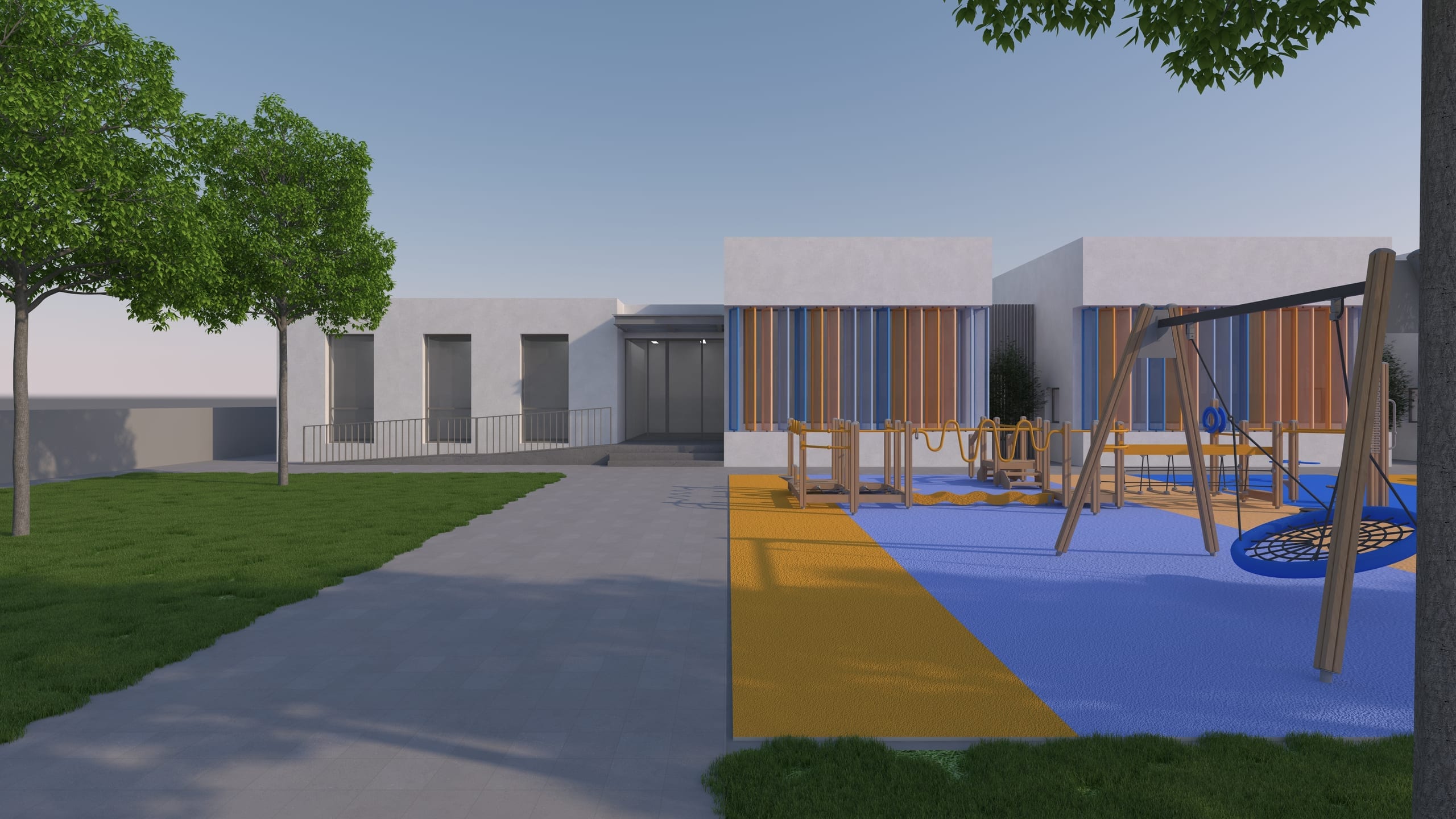 Grădinița Benești — curtea și aleile pietonale