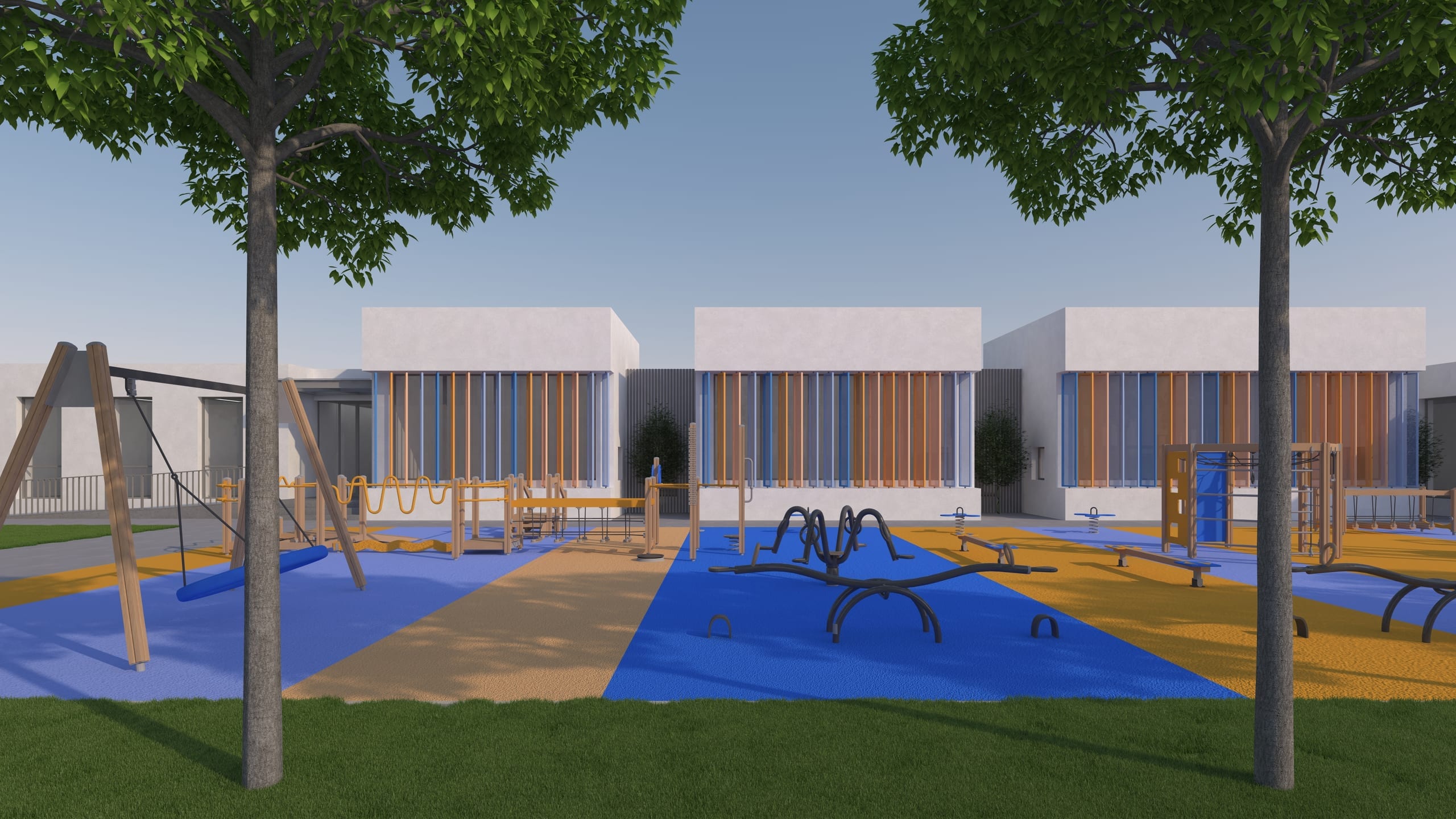 Grădinița Benești — fațada principală prin vegetație