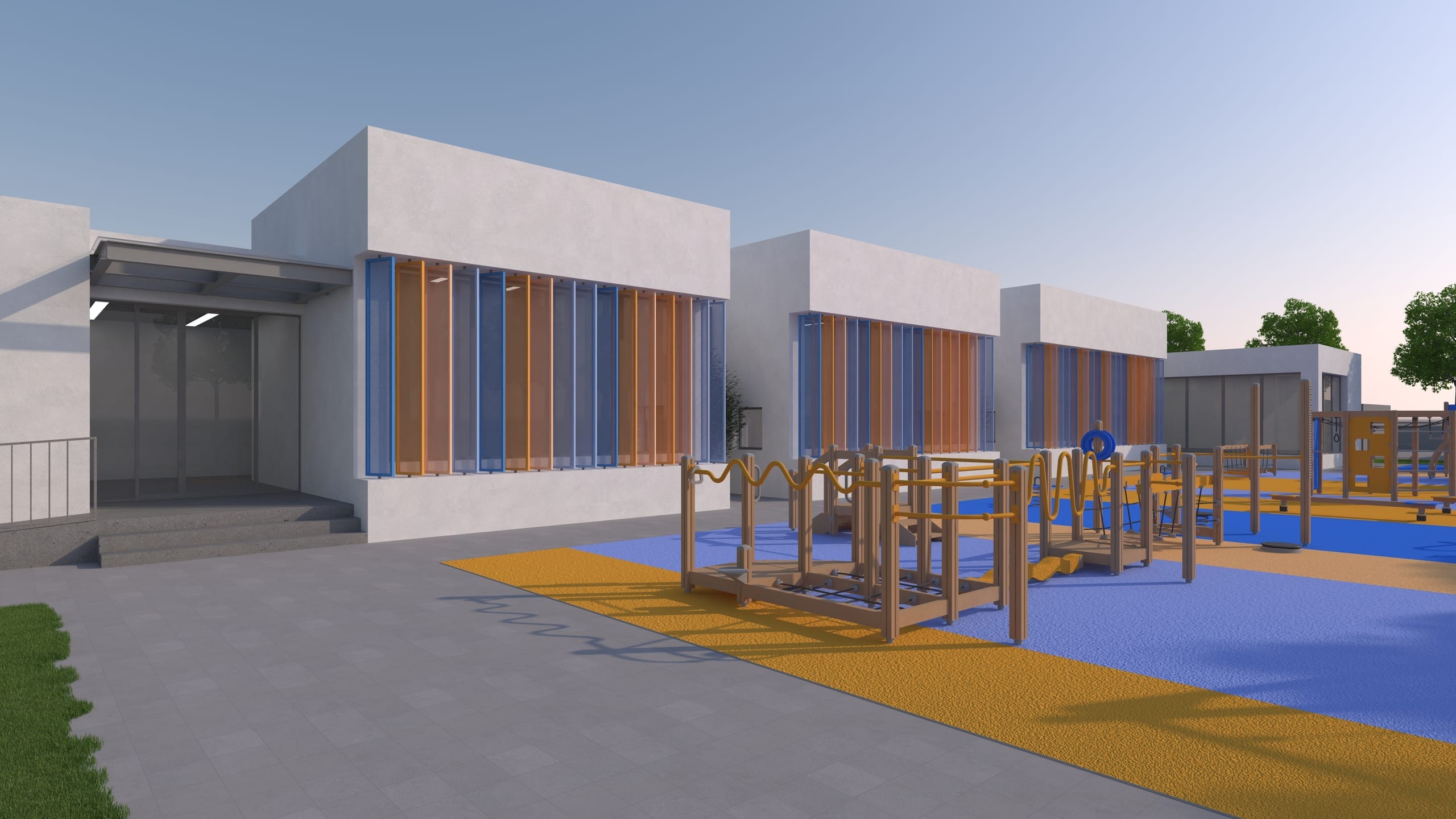 Grădinița Benești — accesul și volumetria clară