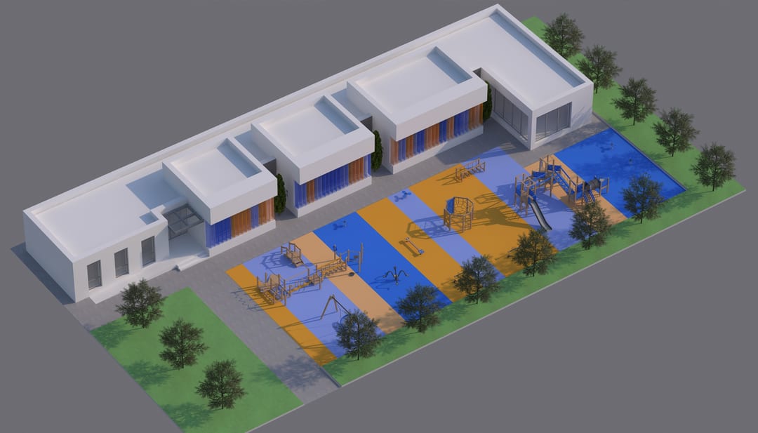 Grădinița Benești — axonometrie extinsă cu amenajările exterioare