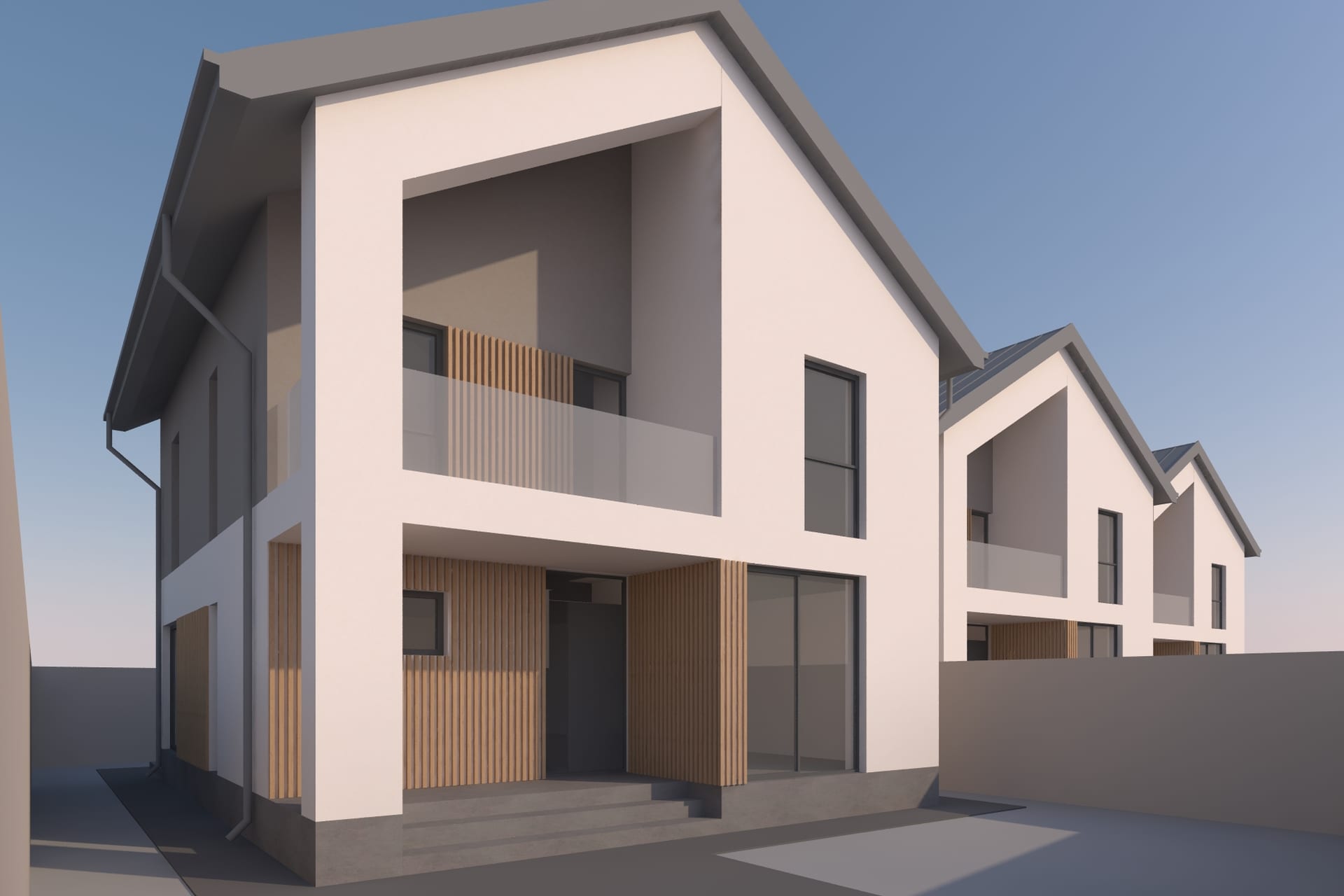 Ansamblu trei locuințe — randare frontală cu cele trei volume identice